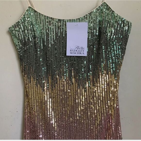 Badgley Mischka Natalie Dress Mint Sequin Multi Fit Flare Spaghetti Strap - Picture 5 of 9